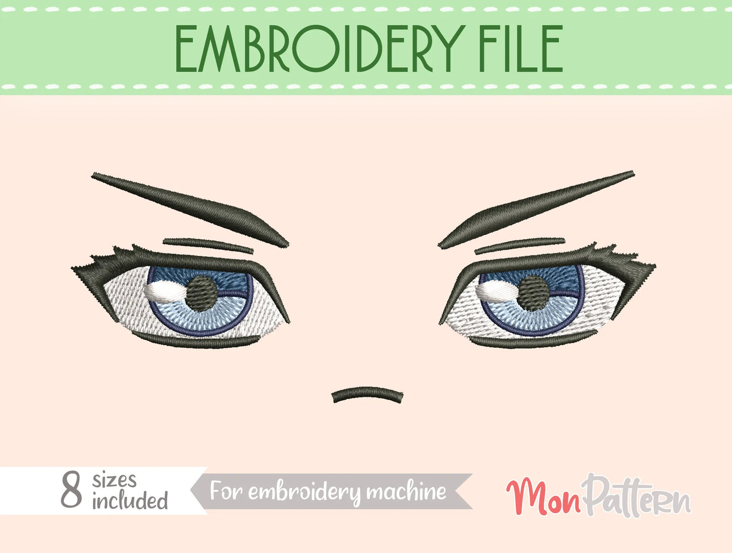 chibi plush embroidery eye inspired by stylish and elegant shonen character, mafia themed adventure, embroidery file for plush dolls, ojo chibi bordado personaje elegante estilo shonen aventura mafia