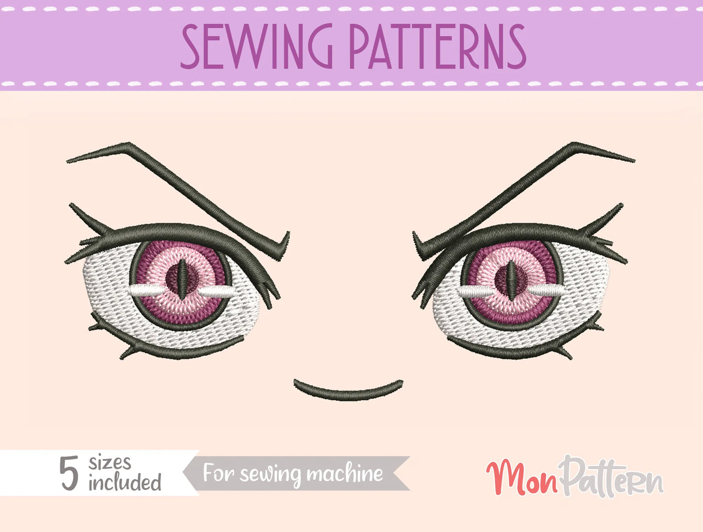 chibi plush embroidery eye inspired by fierce demon girl transformation, action shonen style, embroidery file for dolls, ojo chibi bordado demonio feroz estilo manga acción