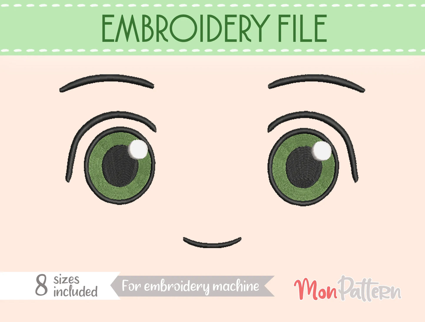 chibi plush embroidery eye inspired by cheerful and energetic young girl, slice-of-life manga style, embroidery file for plush dolls, ojo chibi bordado niña alegre enérgica estilo manga vida cotidiana