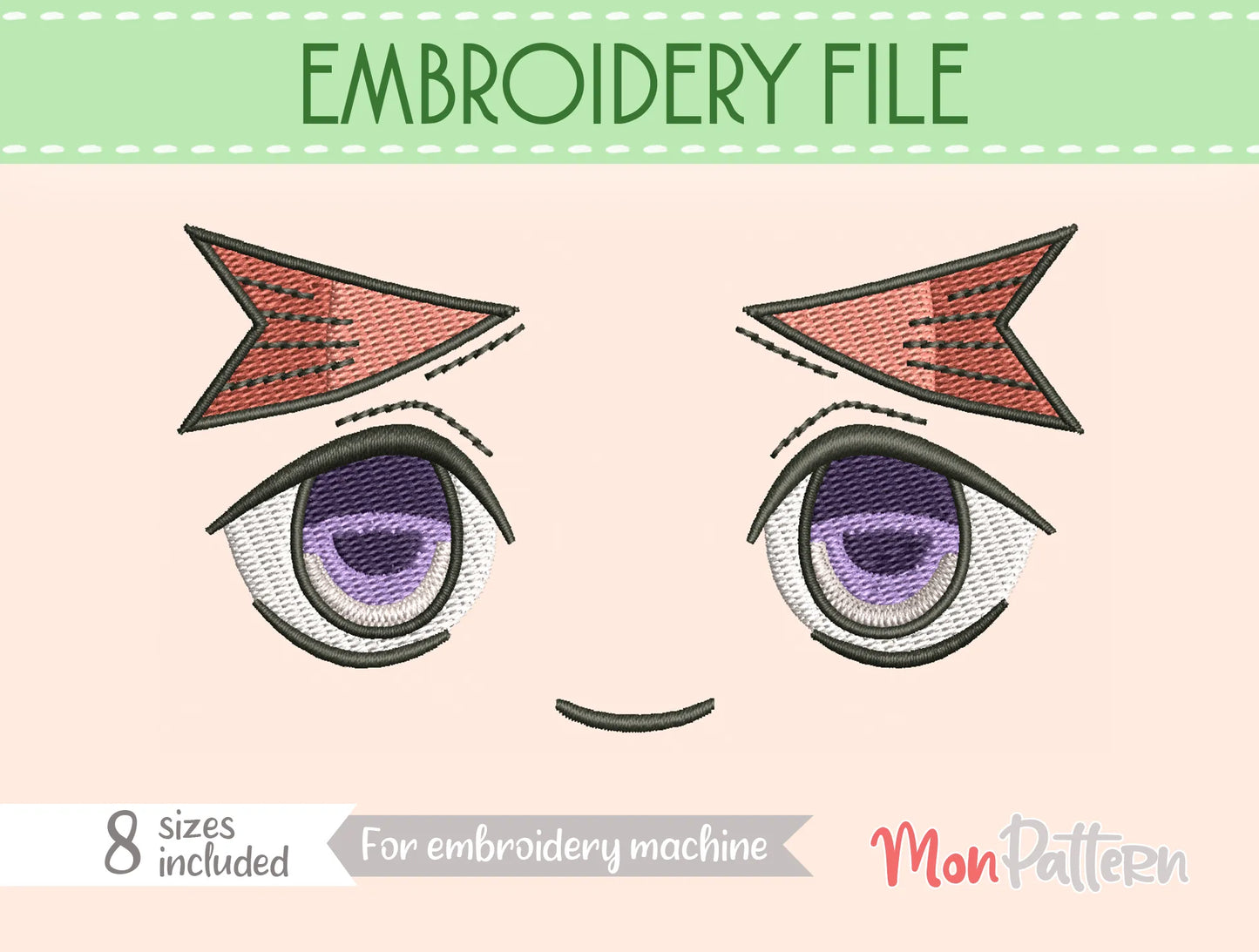 chibi plush embroidery eye inspired by anxious yet brave shonen character, dynamic action style, embroidery file for plush dolls, ojo chibi bordado personaje tímido valiente estilo manga acción