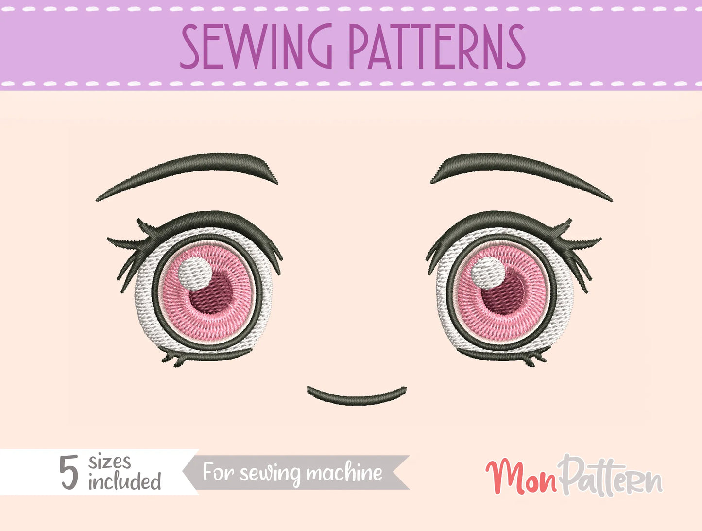 chibi plush embroidery eye inspired by kind demon girl, magical shonen fantasy, embroidery file for plush dolls, ojo chibi bordado demonio niña mágica estilo manga fantasía
