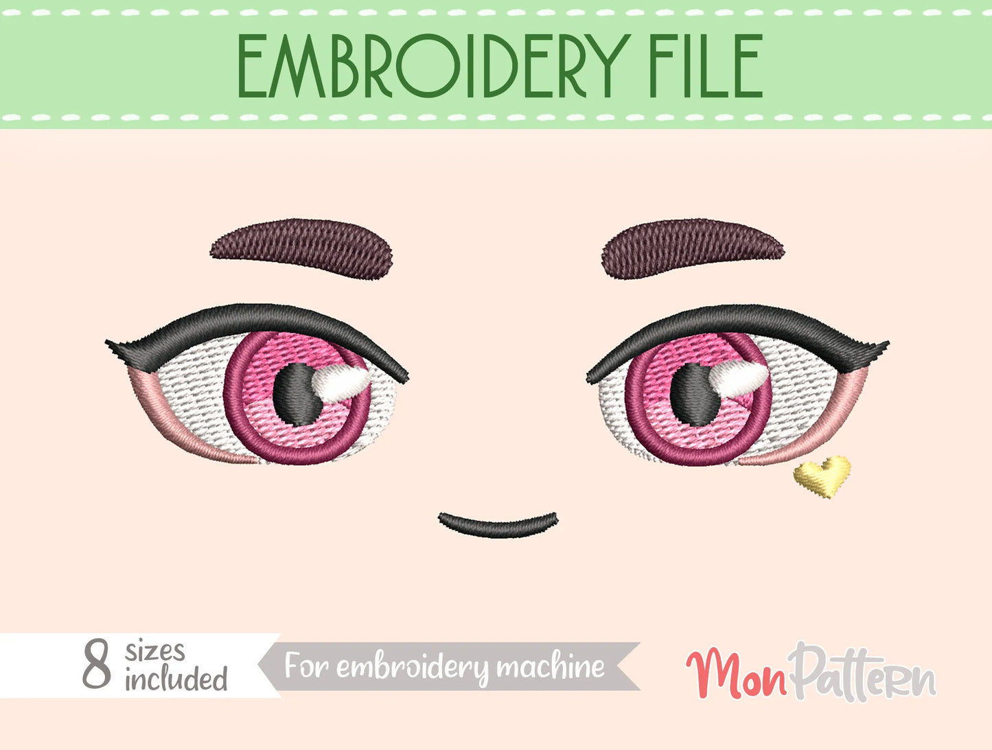 chibi plush embroidery eye with mystical animal-inspired aesthetic, magical humanoid character, fantasy anime style, embroidery file for plush dolls, ojos chibi bordado estética animal personaje humano mágico estilo anime fantasía