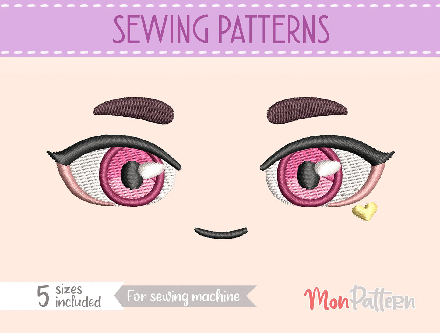 round-eyebrow anime eyes, whimsical fantasy character, animal-inspired or nekomimi design, embroidery file or sewing pattern, ojos fantasía, cejas redondas, peluche kawaii