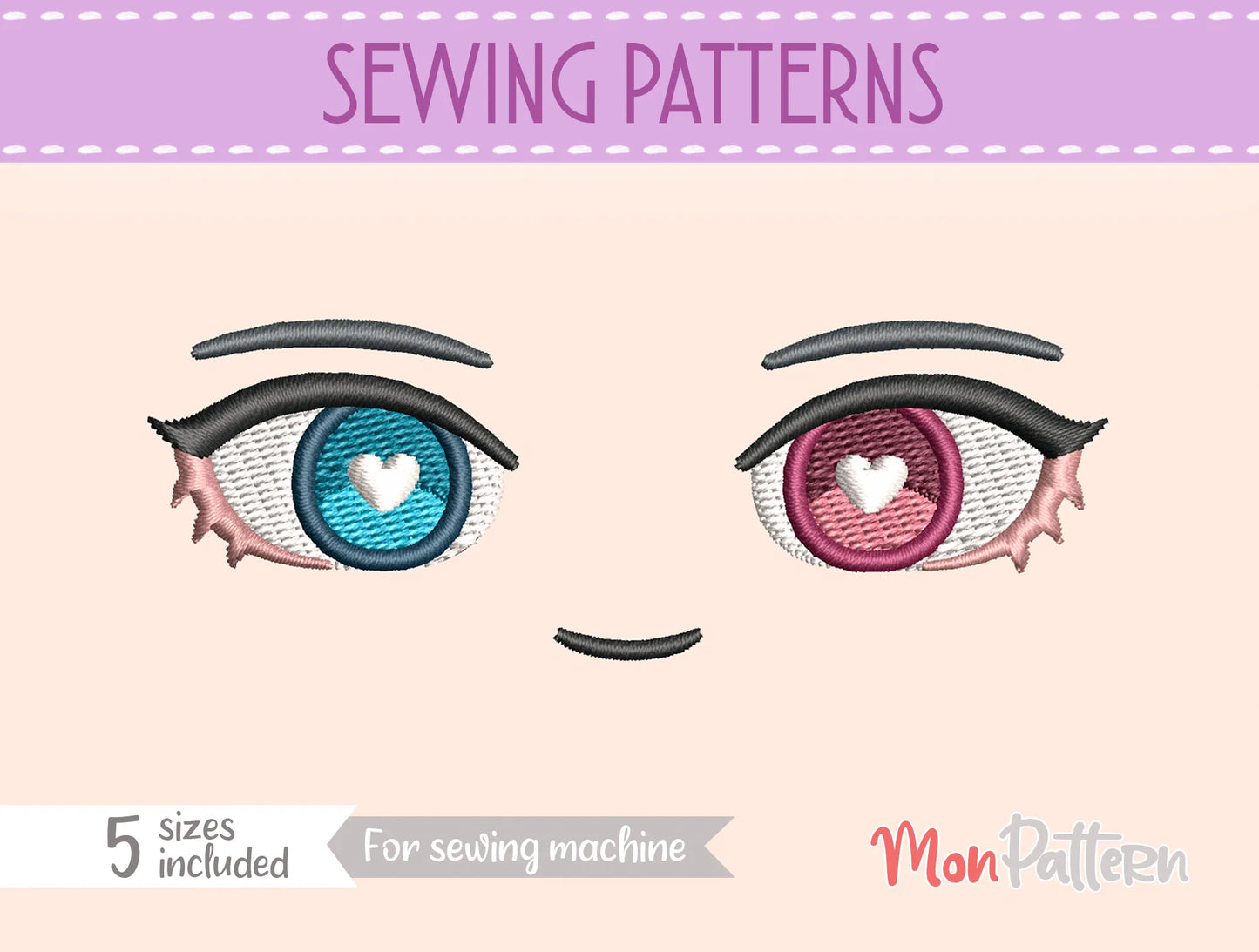 chibi plush embroidery eye with heterochromia, unique colorful gaze, expressive anime style, embroidery file for plush dolls, ojos chibi bordado heterocromía mirada colorida estilo anime