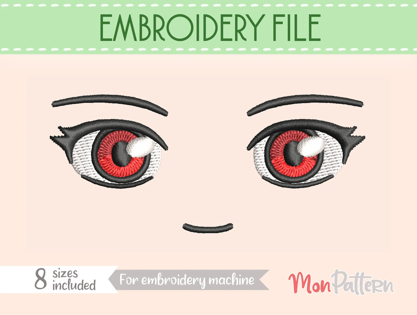 chibi plush embroidery eye inspired by energetic female character, casual outfit with earrings, embroidery file for plush dolls, ojo chibi bordado personaje femenino casual con pendientes