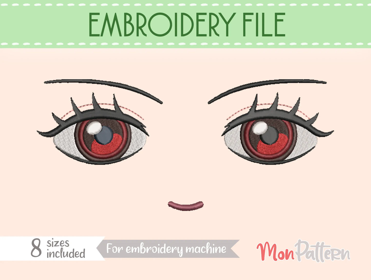 chibi plush embroidery eye inspired by intelligent archaeologist character, mysterious pirate manga style, embroidery file for plush dolls, ojo chibi bordado arqueóloga misteriosa estilo manga pirata
