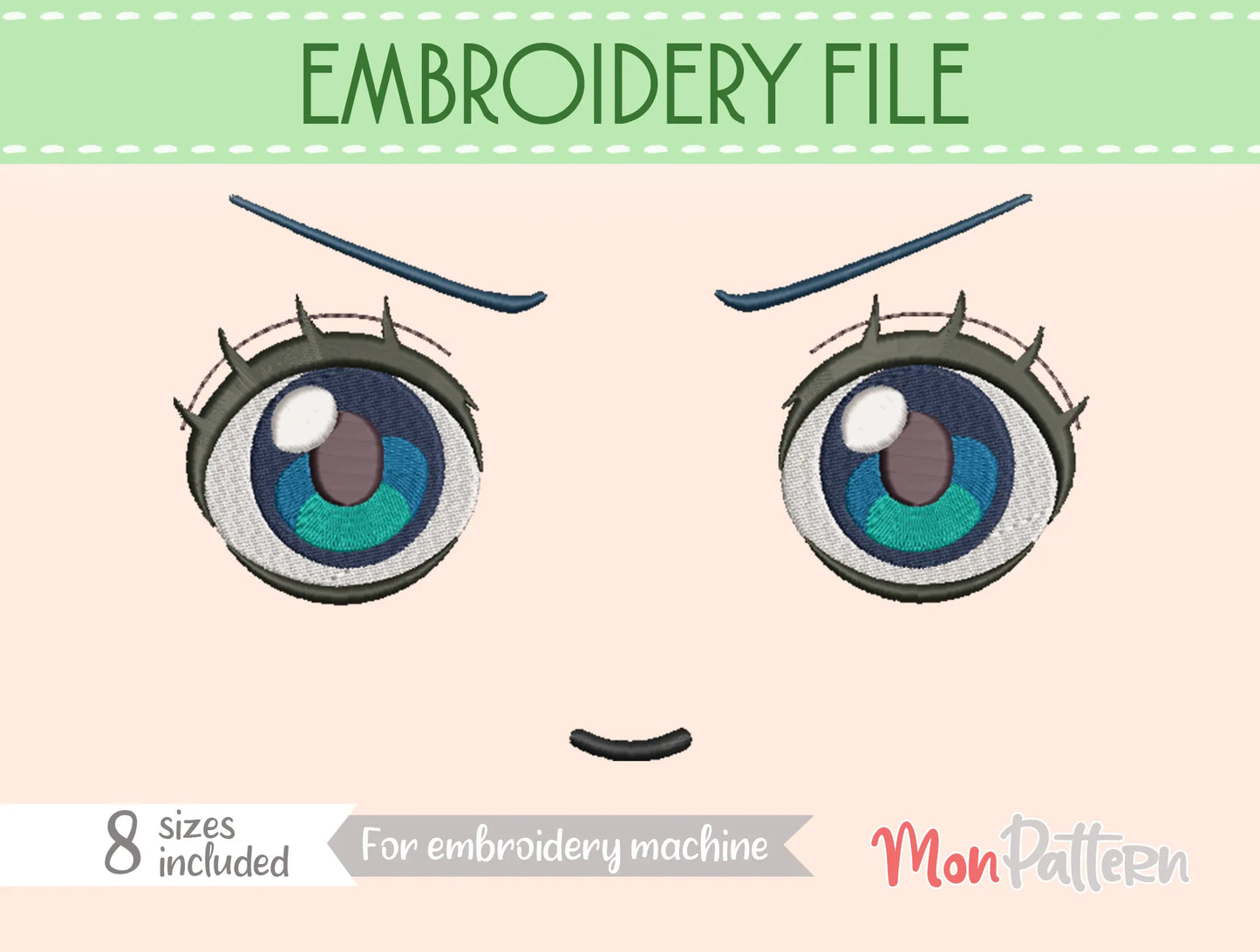 chibi plush embroidery eye inspired by adventurous navigator, pirate manga style, embroidery file for handmade dolls, ojo chibi bordado navegante aventurera estilo manga