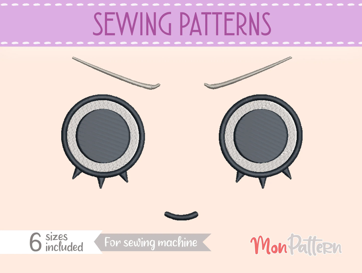 chibi plush embroidery eye inspired by cute ghost-themed character, whimsical shonen manga style, embroidery file for dolls, ojo chibi bordado personaje fantasmal adorable estilo manga creativo