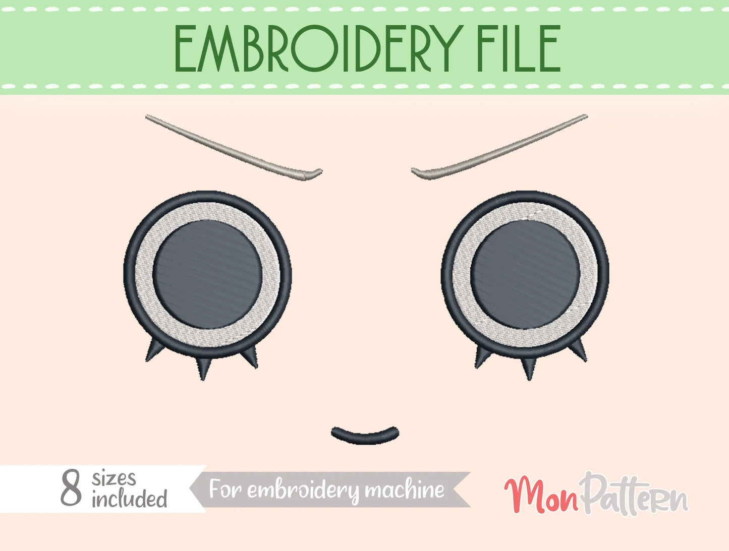 chibi plush embroidery eye inspired by cute ghost-themed character, whimsical shonen manga style, embroidery file for dolls, ojo chibi bordado personaje fantasmal adorable estilo manga creativo