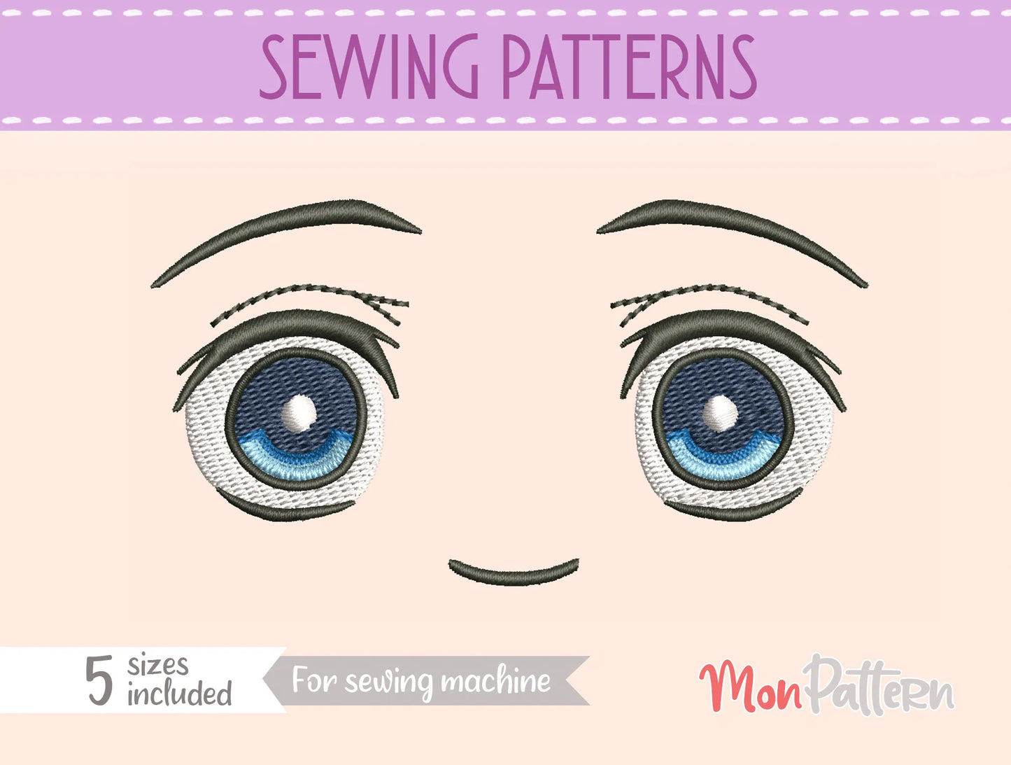 chibi plush embroidery eye inspired by determined young hero, action shonen manga style, embroidery file for dolls, ojo chibi bordado joven héroe determinado estilo manga acción