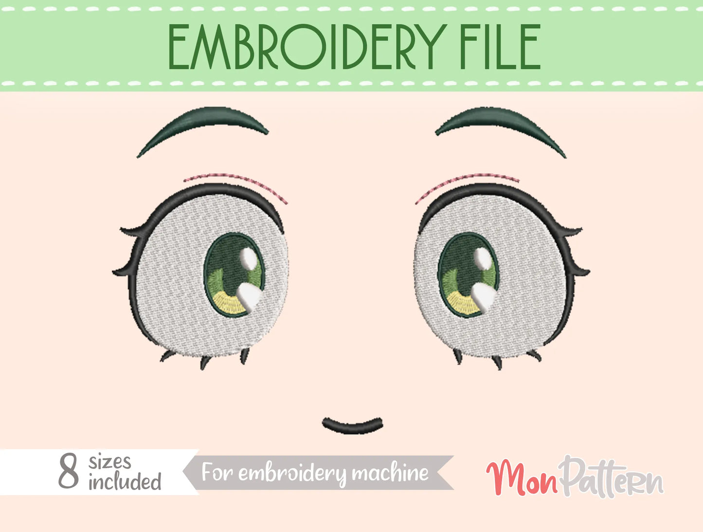 chibi plush embroidery eye inspired by energetic magical girl shonen character, manga-style embroidery for plush dolls, ojo chibi bordado chica mágica enérgica estilo manga artesanal