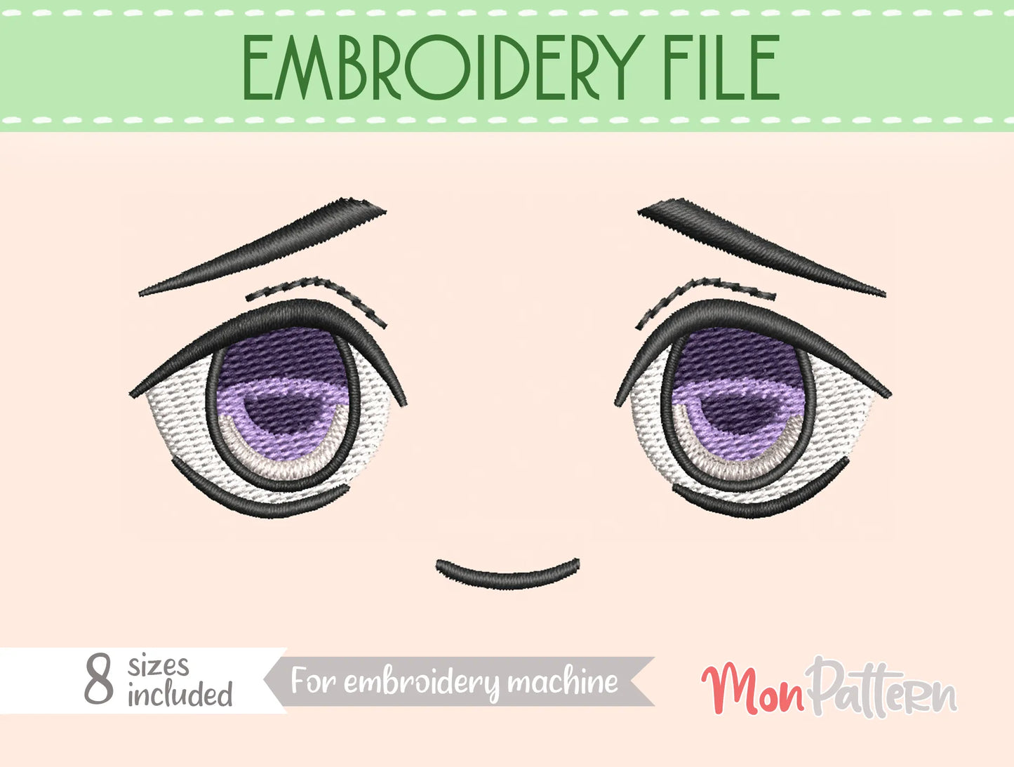 chibi plush embroidery eye inspired by anxious yet brave shonen character, dynamic action style, embroidery file for plush dolls, ojo chibi bordado personaje tímido valiente estilo manga acción