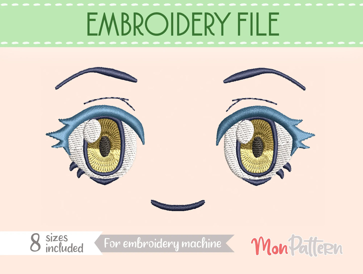 chibi plush embroidery eye inspired by cute slime character, whimsical fantasy anime style, embroidery file for plush dolls, ojo chibi bordado slime adorable estilo anime fantasía