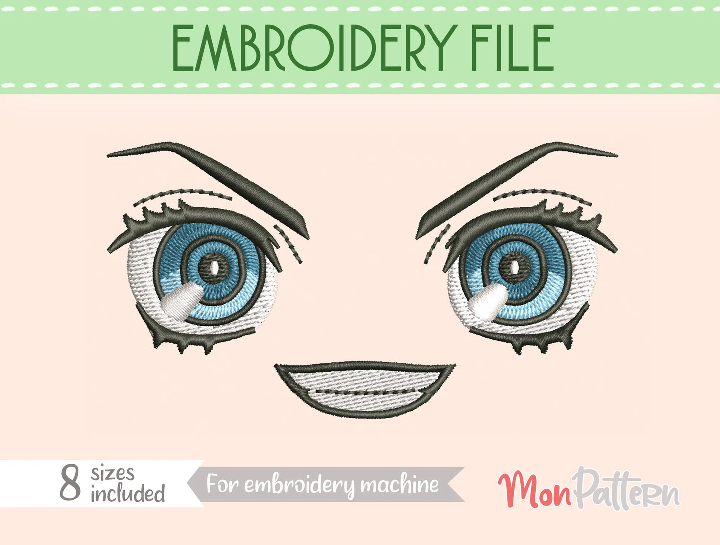 chibi plush embroidery eye inspired by wild and energetic shonen hero, action manga style, embroidery file for plush dolls, ojo chibi bordado héroe salvaje enérgico estilo manga acción