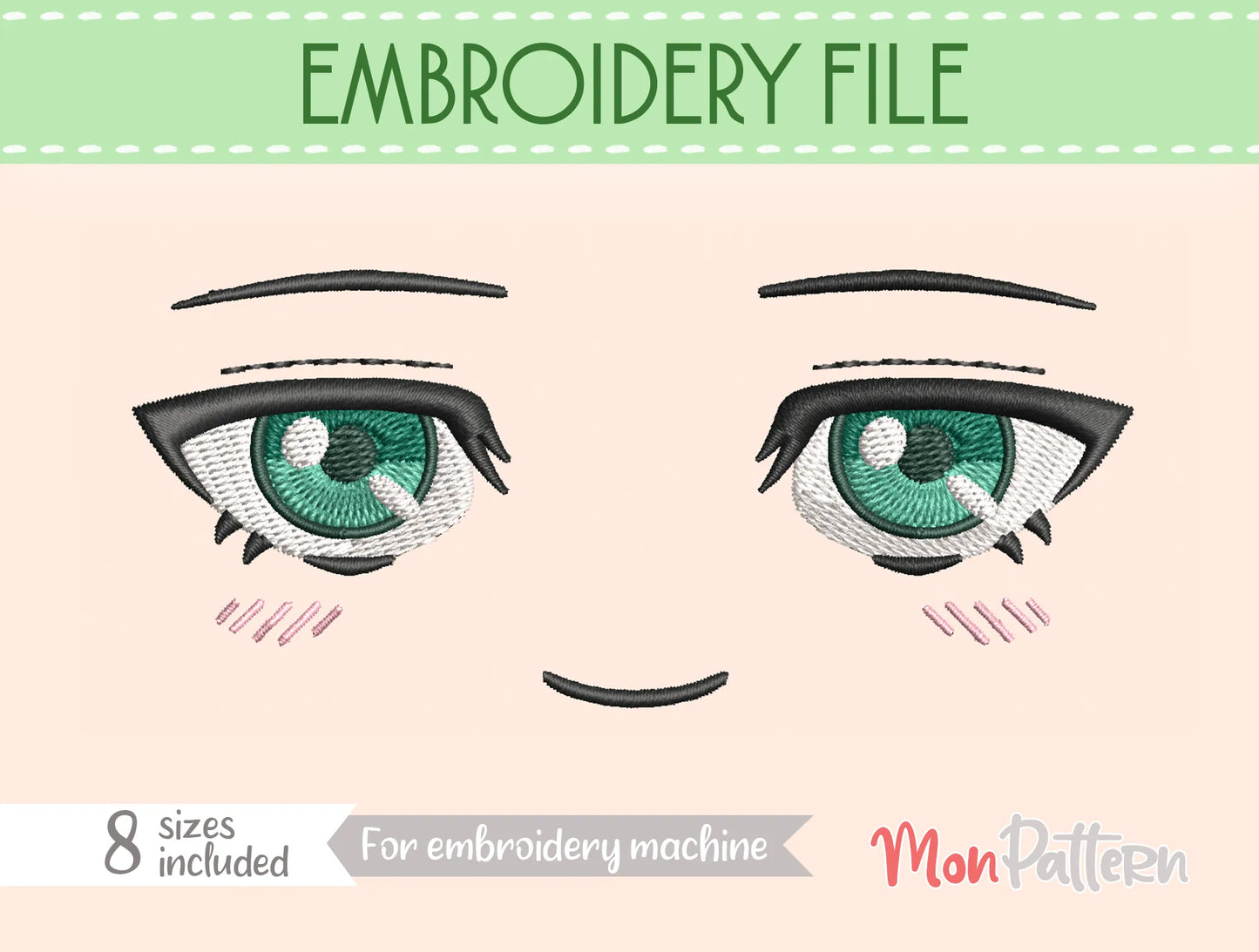 chibi plush embroidery eye inspired by magical young apprentice, fantasy shonen style, embroidery file for plush dolls, ojo chibi bordado aprendiz mágica joven estilo manga fantasía