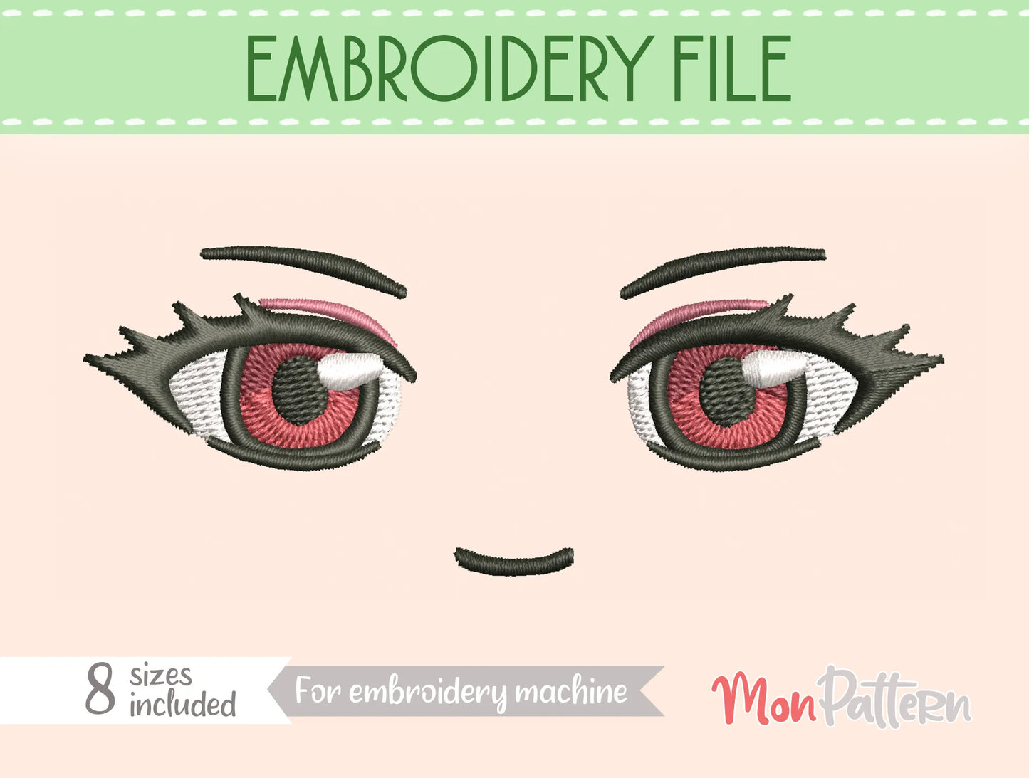 kama chibi plush embroidery eye inspired by mystical female fantasy character, magical girl and video game style, embroidery file for plush dolls, ojos chibi bordado personaje femenino mágico fantasía estilo videojuego