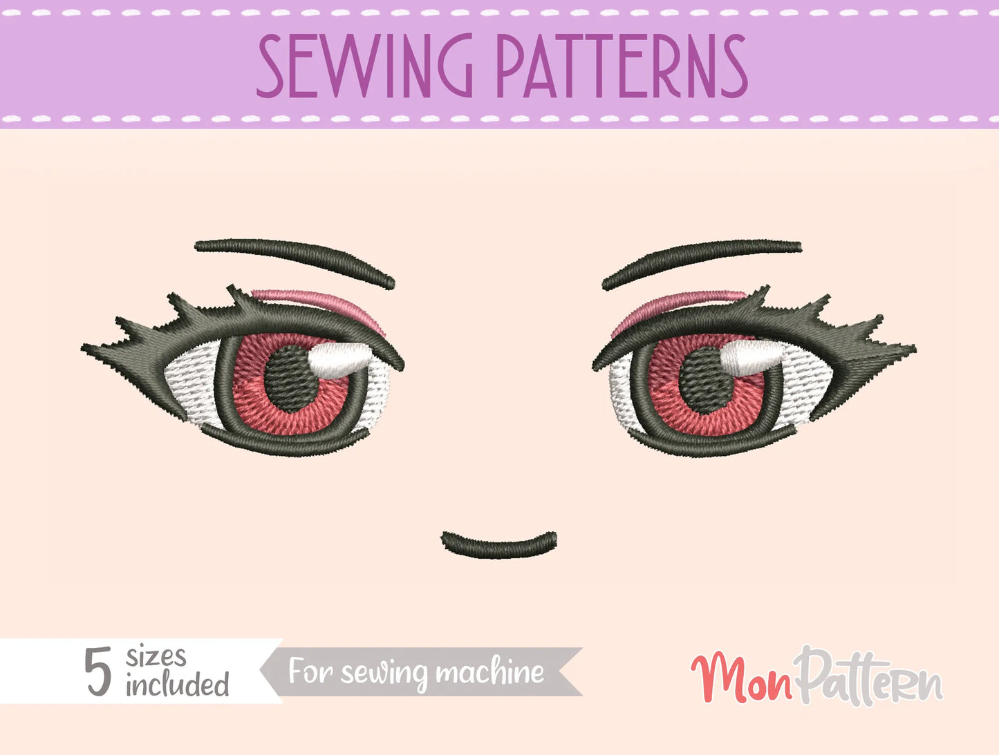 kama chibi plush embroidery eye with mystical animal-inspired aesthetic, magical humanoid character, fantasy anime style, embroidery file for plush dolls, ojos chibi bordado estética animal personaje humano mágico estilo anime fantasía
