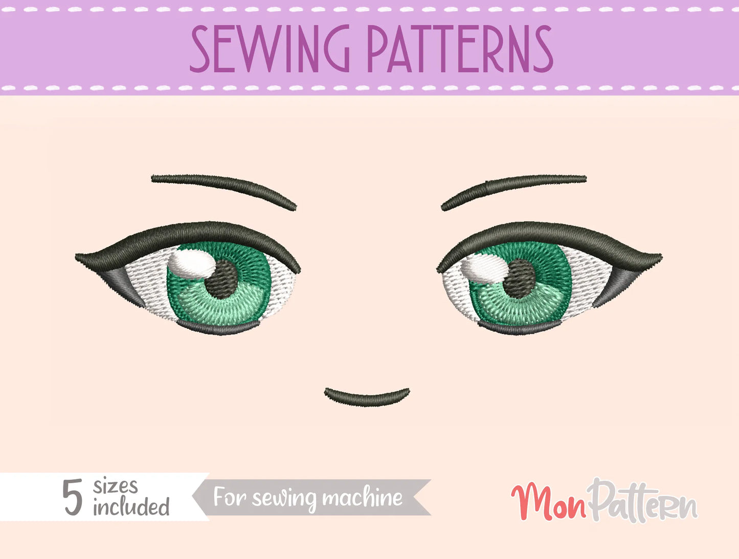 chibi plush embroidery eye inspired by cute and cheerful anime character, pastel color theme, embroidery file for plush dolls, ojos chibi bordado personaje anime adorable alegre tema pastel