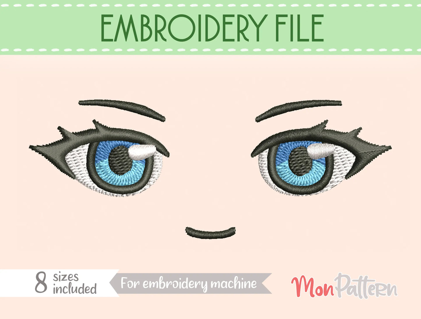 chibi plush embroidery eye with elegant and mysterious look, fantasy anime style, embroidery file for plush dolls, ojos chibi bordado mirada elegante misteriosa estilo anime fantasía
