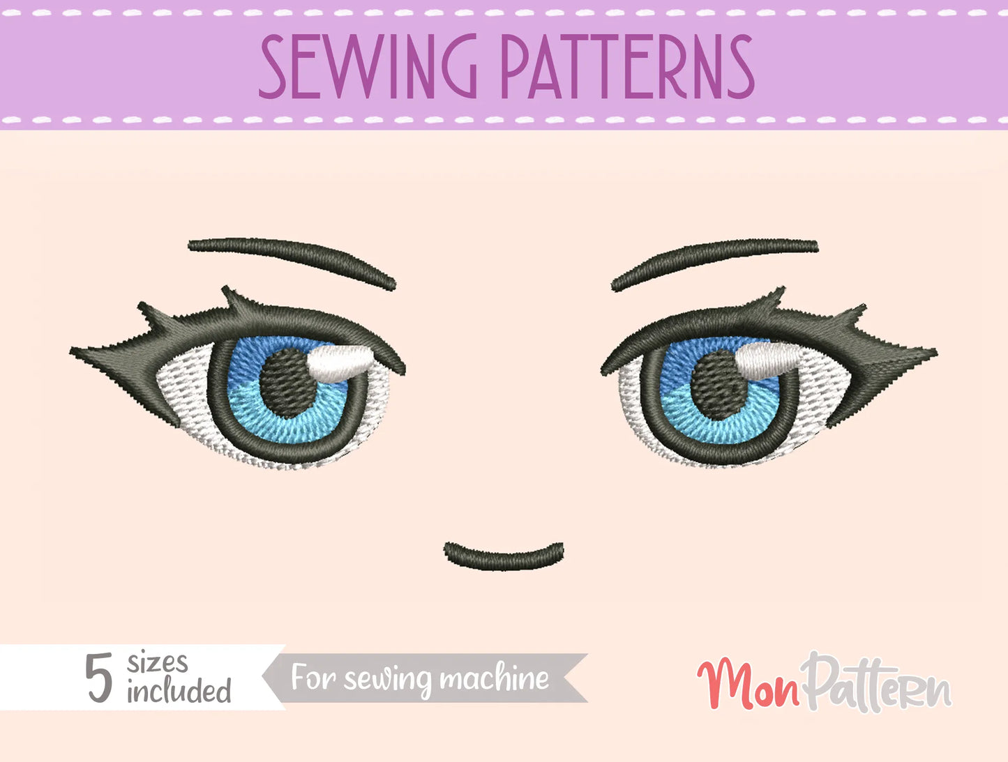 chibi plush embroidery eye with elegant and mysterious look, fantasy anime style, embroidery file for plush dolls, ojos chibi bordado mirada elegante misteriosa estilo anime fantasía