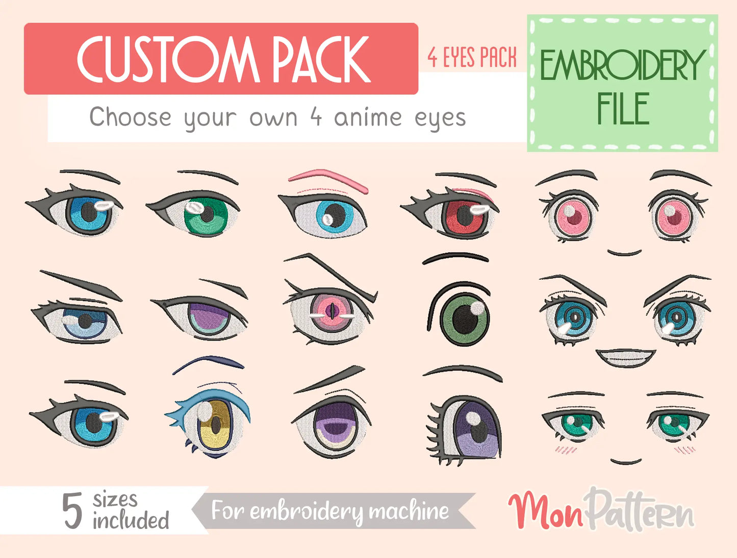 custom pack choose 4 anime eyes embroidery files for chibi plush face digital download