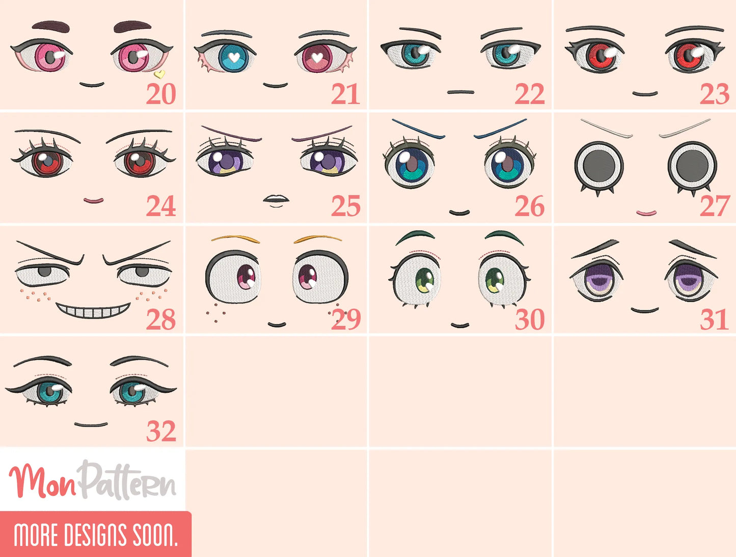 pack personalizado elige 4 ojos de anime archivos de bordado para cara de peluche chibi