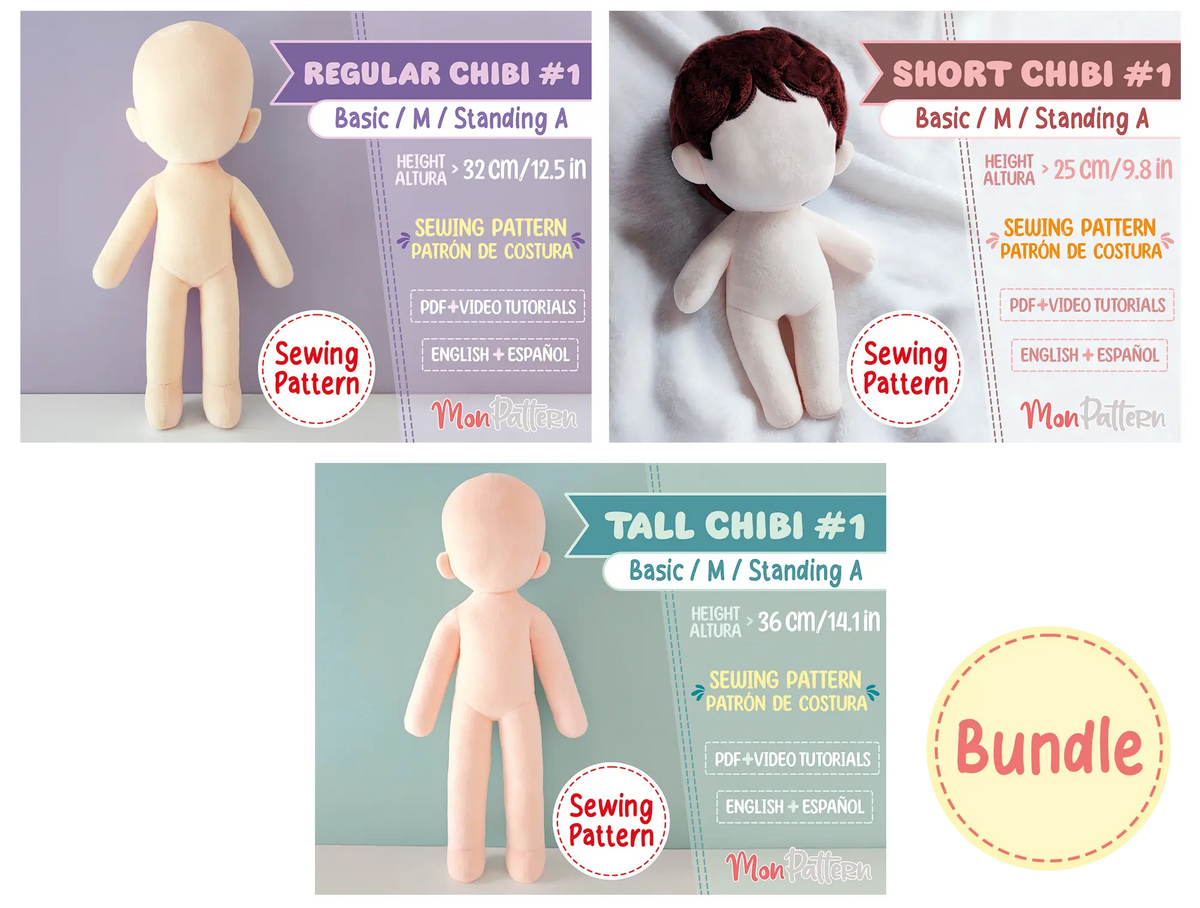chibi plush sewing patterns bundle featuring short chibi #1, regular chibi #1 and tall chibi #1 doll patterns
