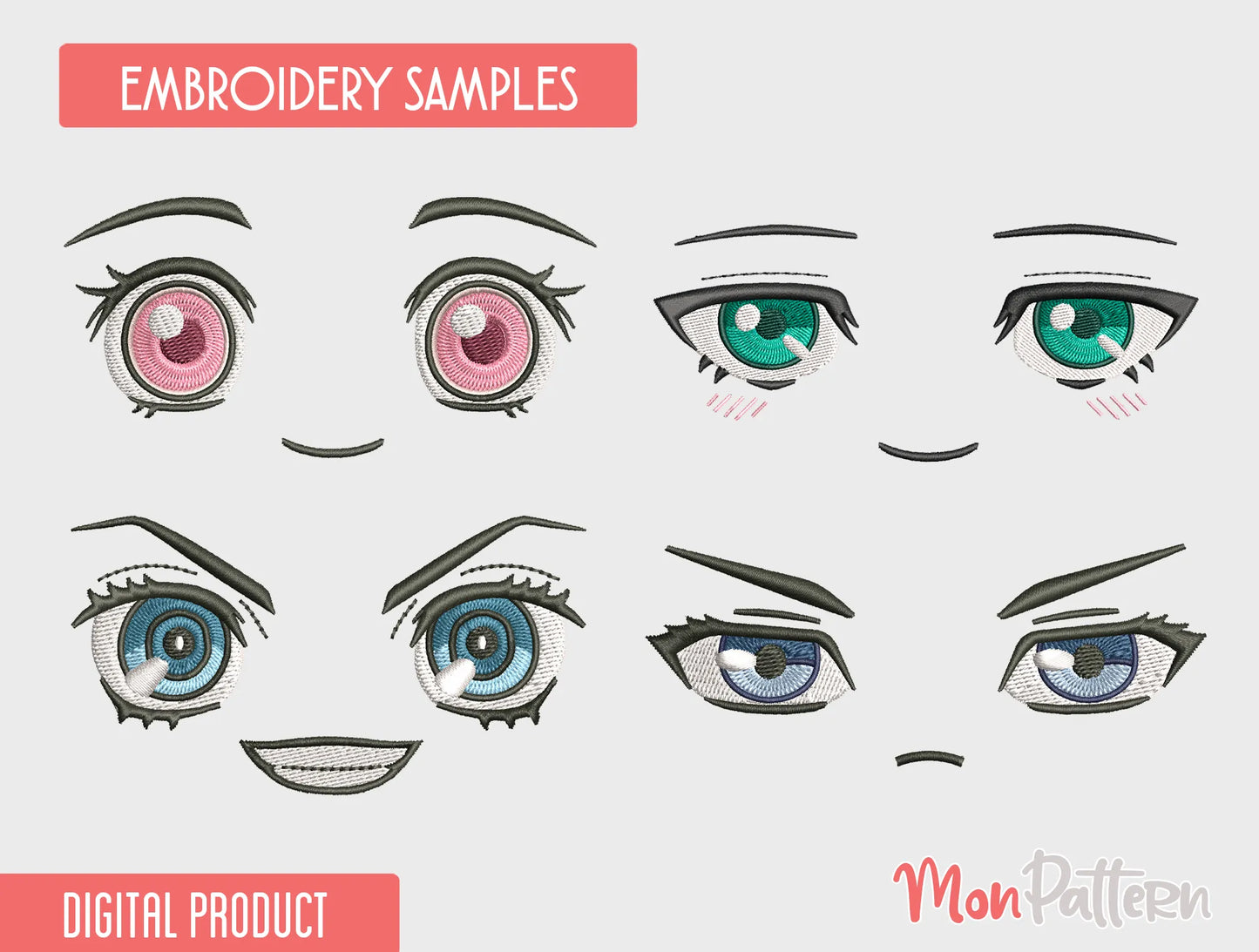 demon slayer embroidered chibi faces (nezuko, tanjiro, inosuke, rengoku), anime embroidery design for plush dolls, rostros bordados kimetsu no yaiba demon slayer anime peluches cosplay
