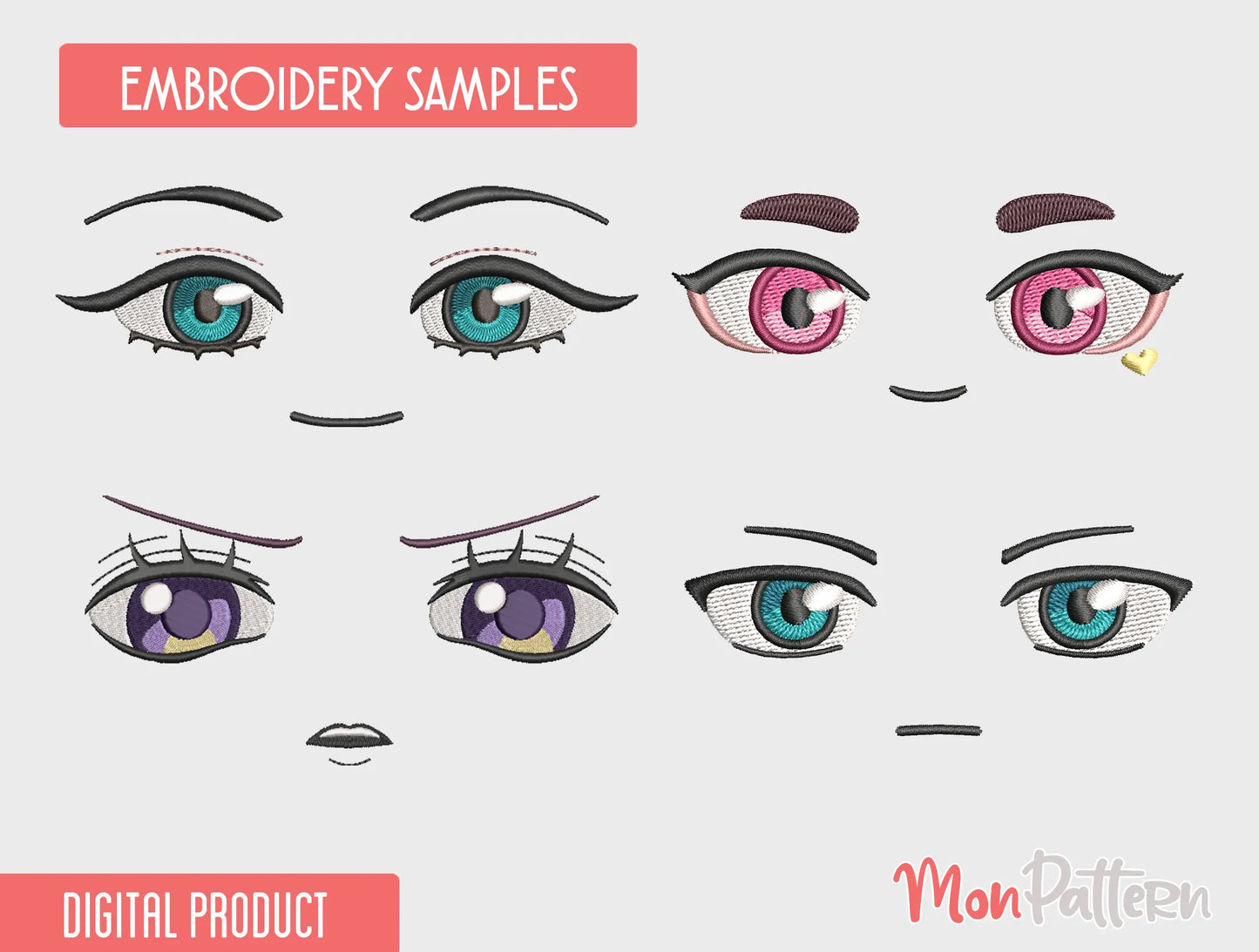 embroidered anime female chibi faces with elegant and cute expressions, heart marks, kawaii embroidery design, rostros bordados femeninos adorables elegantes corazones anime