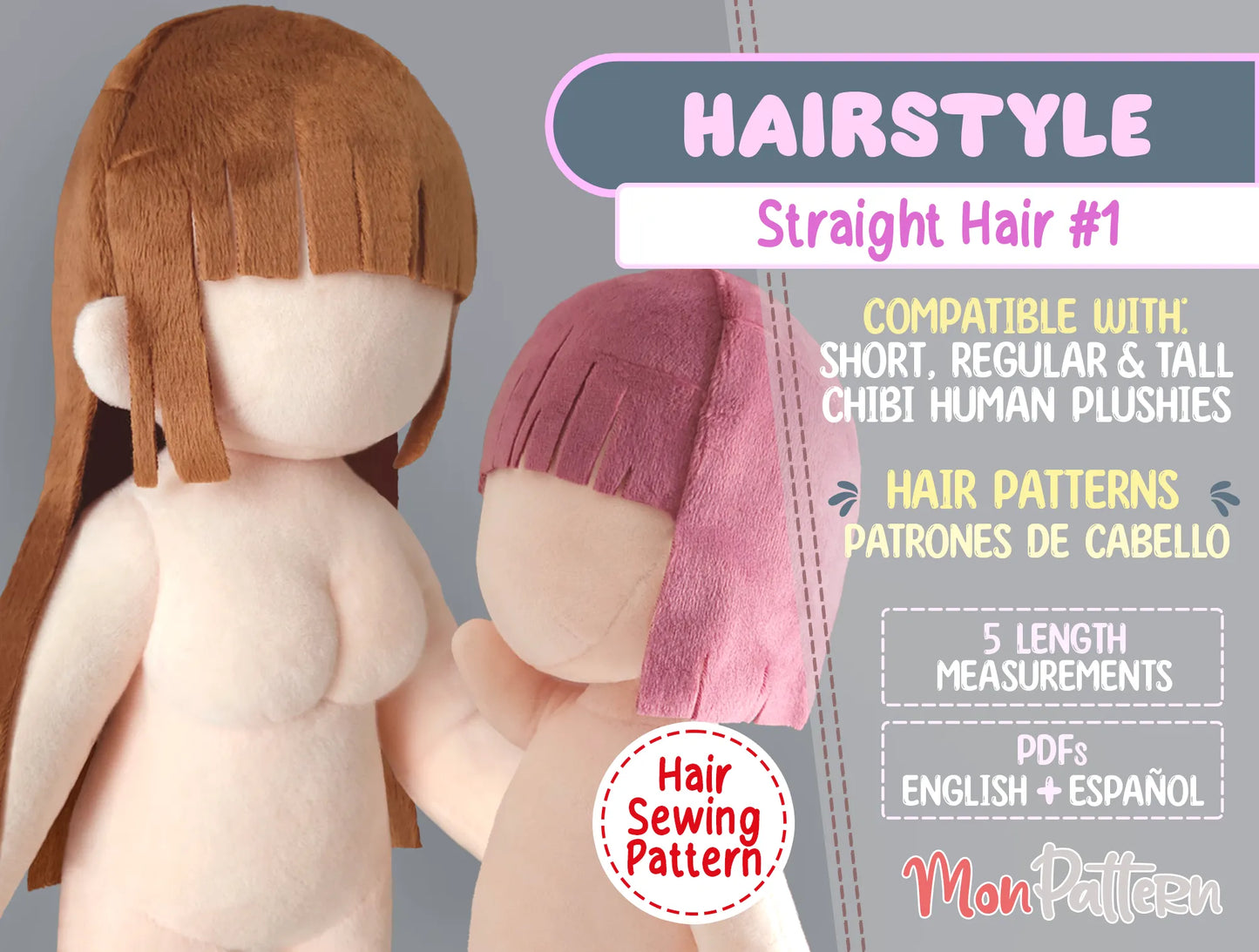 straight hair sewing pattern for chibi humanoid plush dolls in 5 lengths beginner friendly monpattern