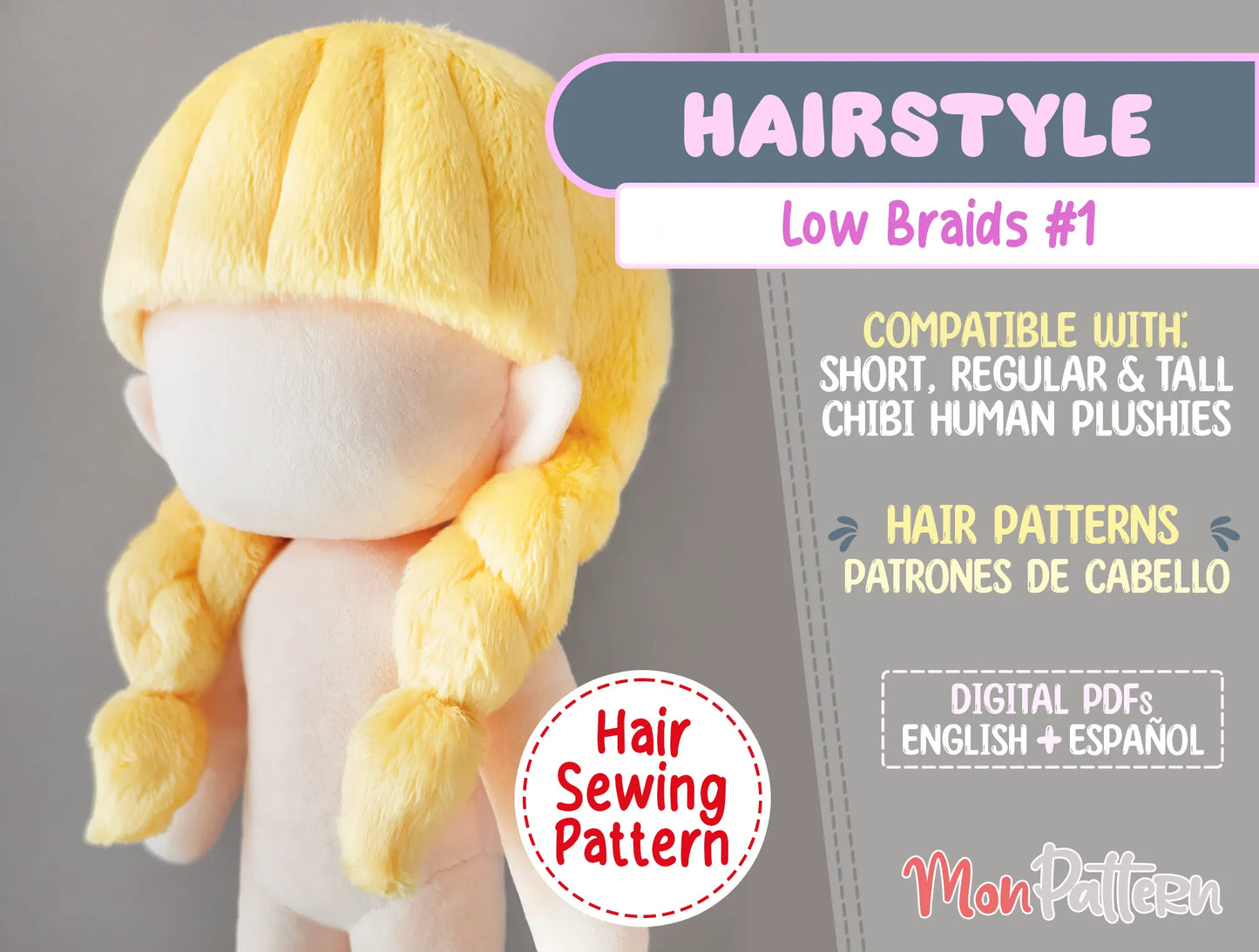 chibi plush hair pattern low braids, easy-to-follow sewing instructions - trenzas peinado para peluche chibi de anime patron de costura
