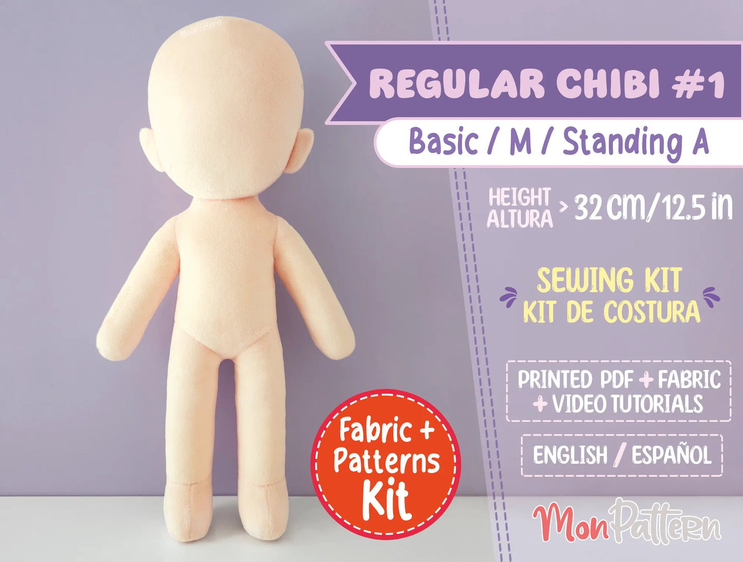 regular chibi #1 sewing kit with soft minky fabric, 3-heads tall straight body shape for male or female characters, printed tutorial included, diy humanoid plush pattern 32 cm (12.5 in), ideal for anime-style chibi dolls, ocs and vtuber plushies.