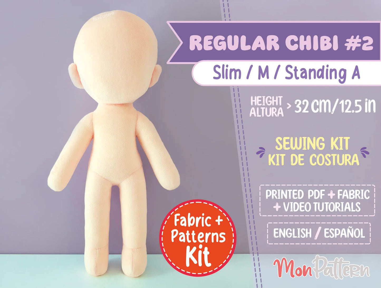 regular chibi #2 sewing kit with soft minky fabric, slim waist for feminine silhouette, printed tutorial included, diy humanoid plush pattern 32 cm (12.5 in), ideal for anime-style chibi dolls, ocs and vtuber plushies.