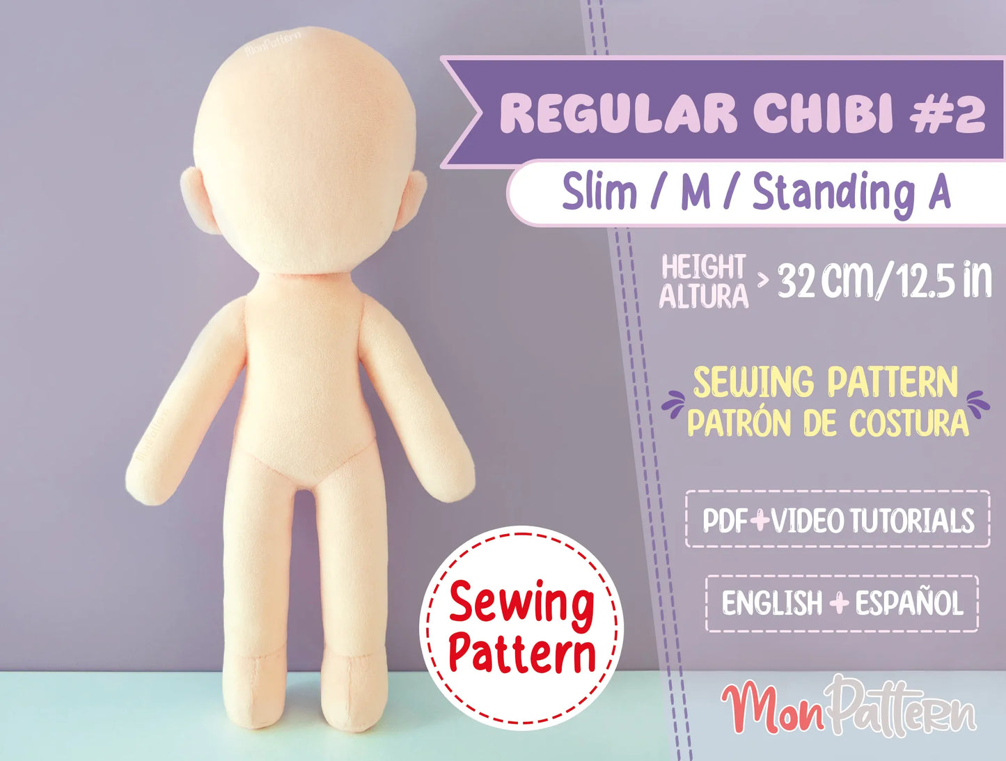 printable pdf sewing pattern for regular chibi #2 humanoid plushie 32 cm with feminine silhouette, ideal for diy handmade anime dolls – monpattern