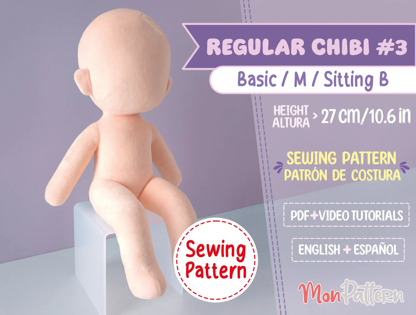 printable pdf sewing pattern for regular chibi #3 humanoid plushie 32 cm sitting, 3-heads chibi proportions, straight body, ideal for handmade anime dolls – monpattern