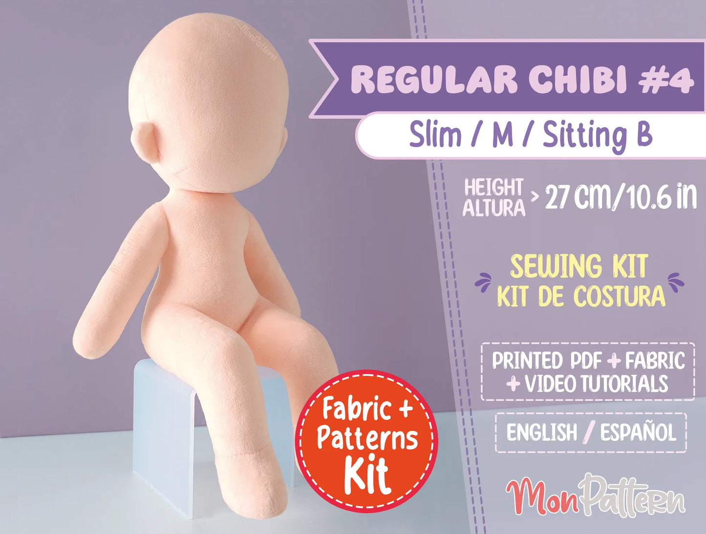 regular chibi #4 sewing kit with soft minky fabric, 3-heads tall slim body in sitting pose for female or feminine characters, printed tutorial included, diy humanoid plush pattern 27 cm (10.6 in), legs forward for shelf display, perfect for anime-style chibi dolls, ocs and vtuber plushies.