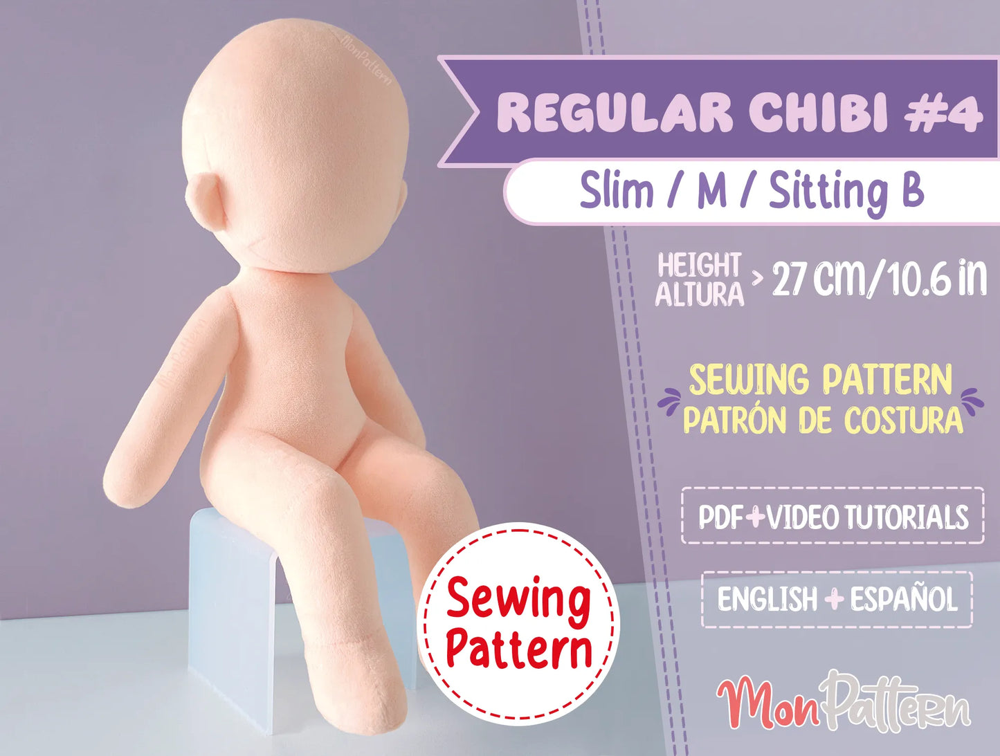 step-by-step tutorial for sewing seated regular chibi #4 plushie, 3-heads chibi body, ideal for custom ocs, vtubers, and video game characters – monpattern