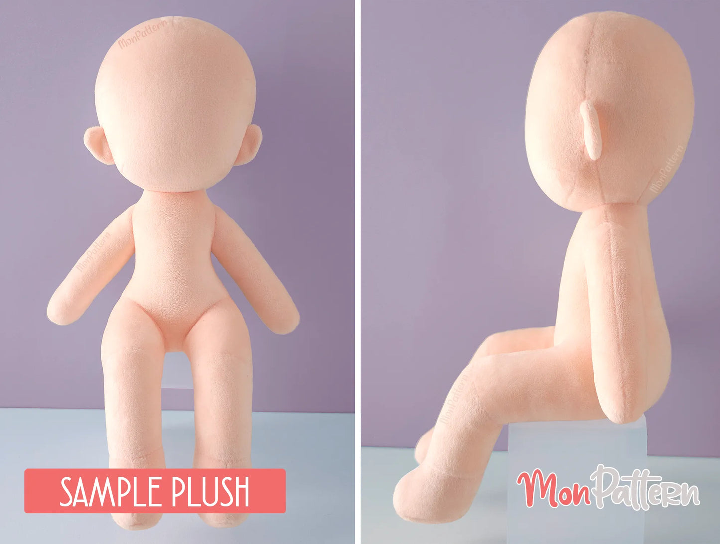 diy humanoid chibi plushie with 3-heads proportions, sitting pose and slim feminine body, perfect for shelves or furniture decoration – monpattern