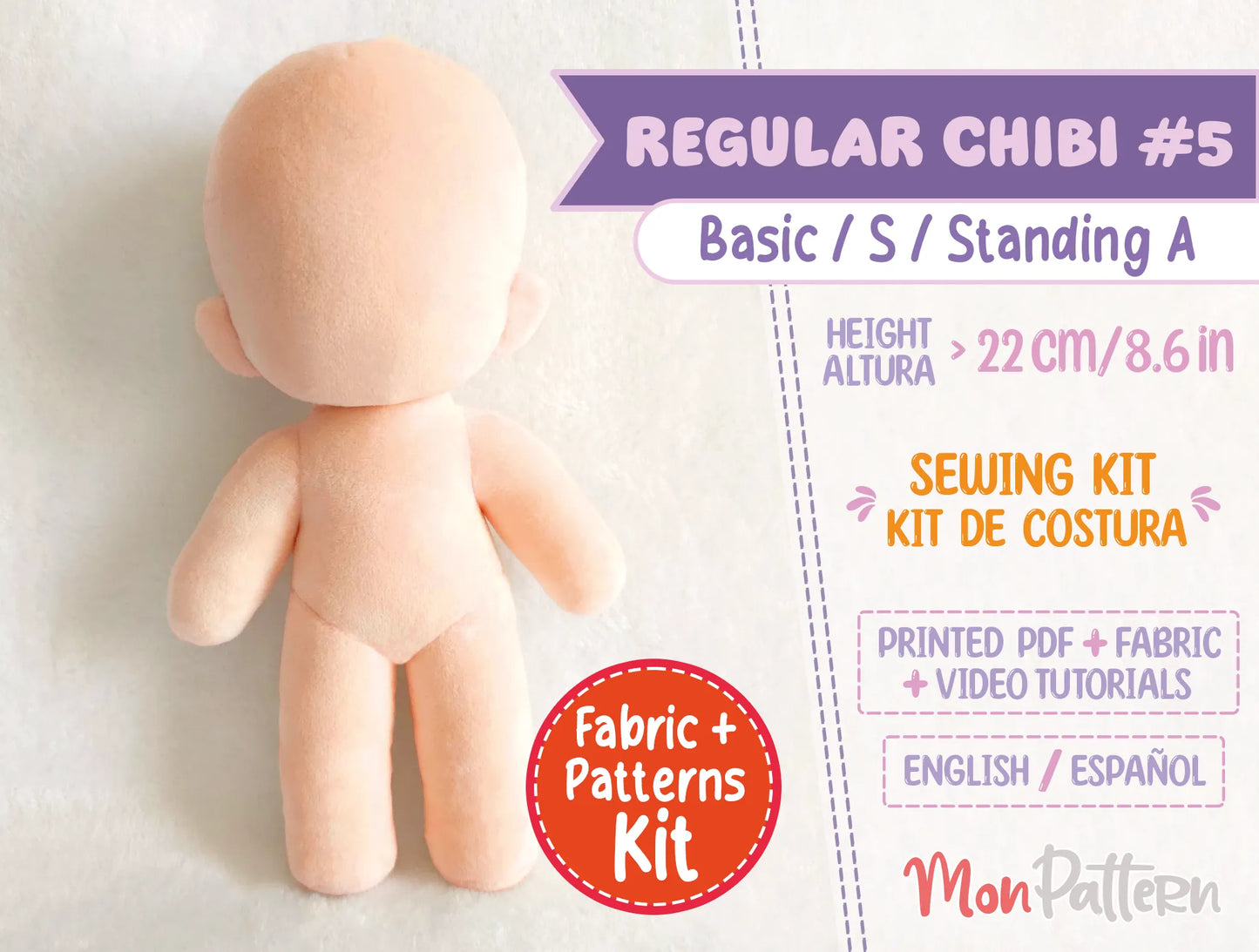 small regular chibi #5 sewing kit with soft minky fabric and printed tutorial, diy humanoid plush pattern 22 cm (8.6 in), perfect for anime-style chibi dolls, ocs and vtuber plushies.