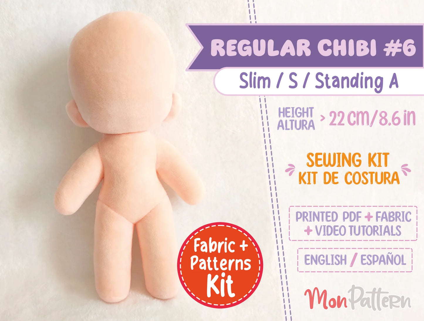 small regular chibi #6 sewing kit with soft minky fabric, slim waist for feminine silhouette, printed tutorial included, diy humanoid plush pattern 22 cm (8.6 in), ideal for anime-style chibi dolls, ocs and vtuber plushies.