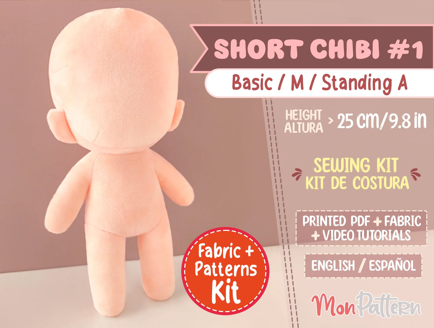hort chibi #1 sewing kit with soft minky fabric, printed patterns, and step-by-step tutorial for making small humanoid plushies, perfect for anime characters, ocs, vtubers, k-pop dolls, and video game plushies