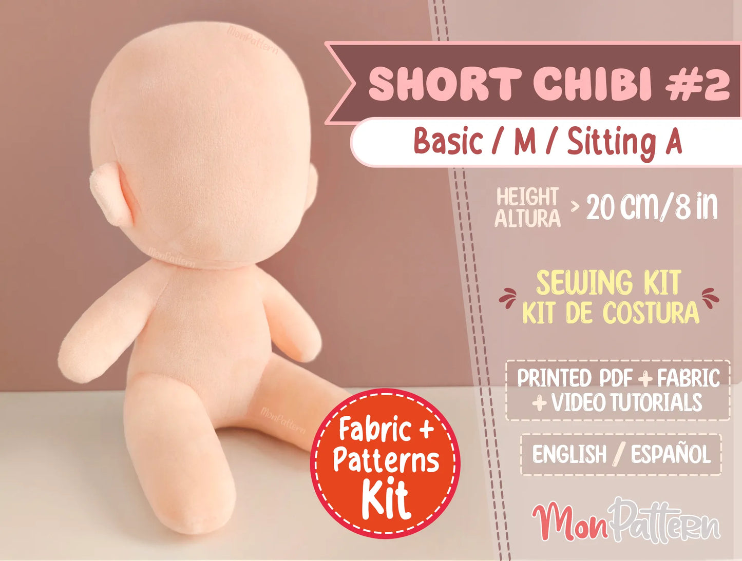 handmade plush sewing kit for short chibi #2, perfect for anime-style dolls and ocs. step-by-step tutorial included for sewing sitting short chibi #2 plush doll