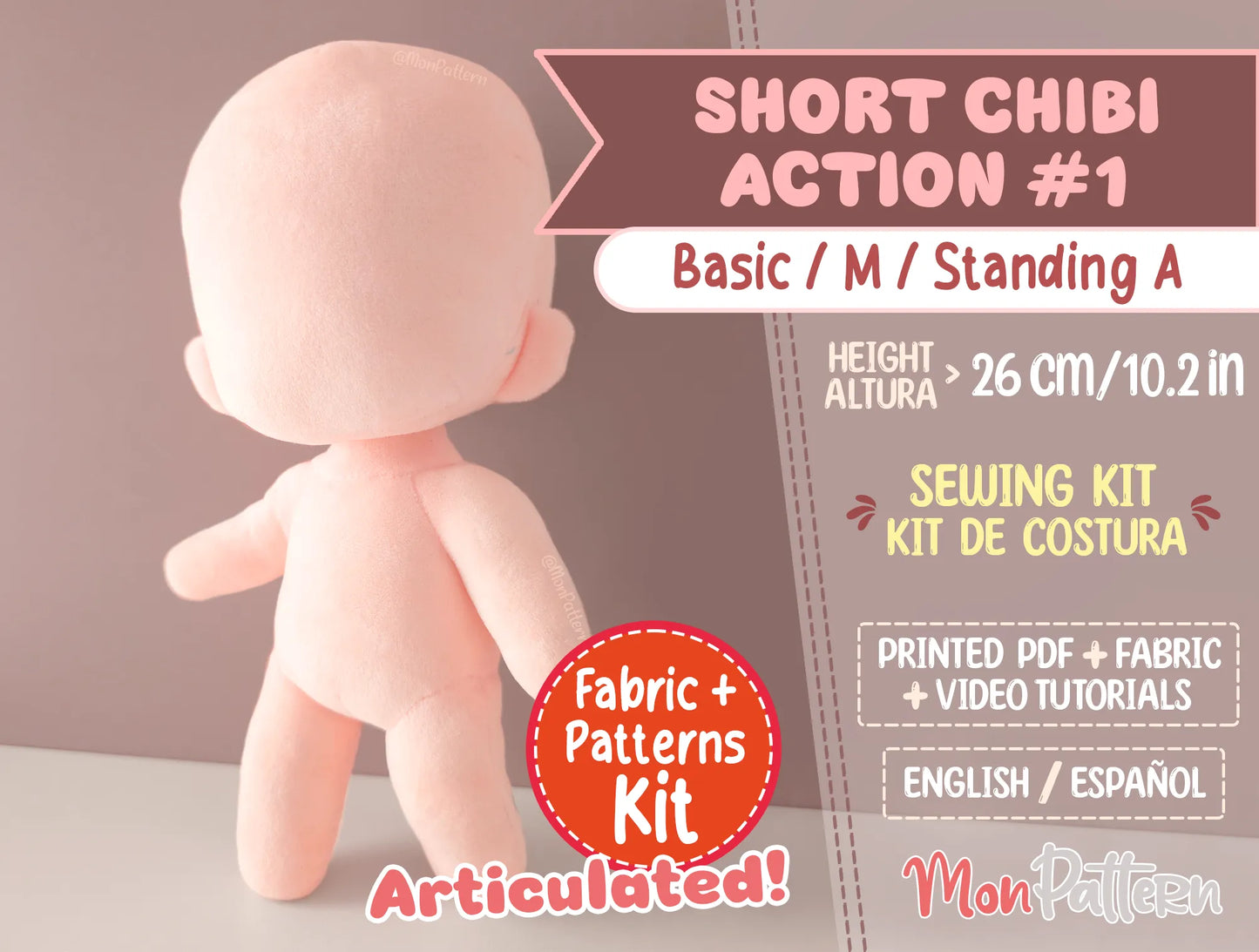 short chibi action #1 articulated humanoid plush sewing kit with soft minky fabric 26cm handmade articulated short chibi plush kit for anime characters, ocs, vtubers and video game plushies