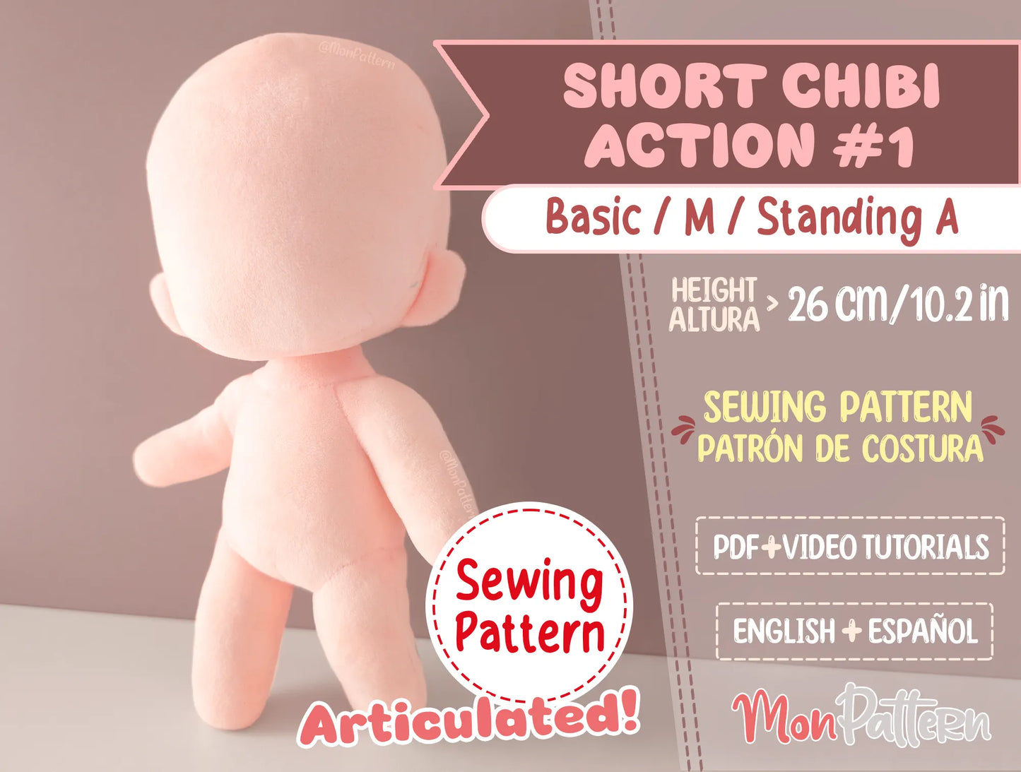 digital sewing pattern to make 25 cm articulated chibi plush doll – short chibi style, anime plushie template pdf - posable humanoid stuffed doll template