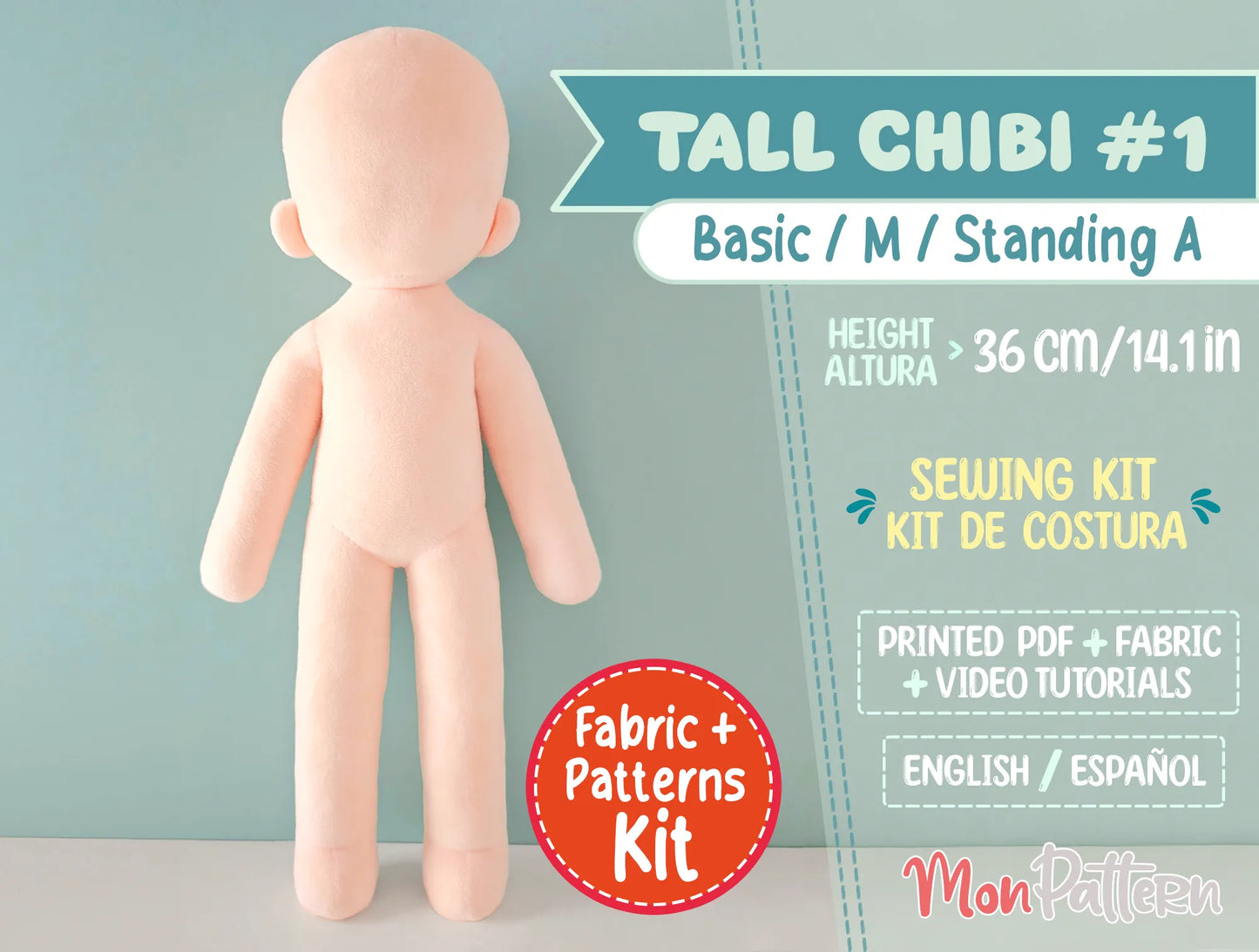 tall chibi #1 sewing kit with soft minky fabric, 4-heads tall straight body for male or female characters, printed tutorial included, diy humanoid plush pattern 36 cm (14.1 in), perfect for anime-style chibi dolls, ocs and vtuber plushies.