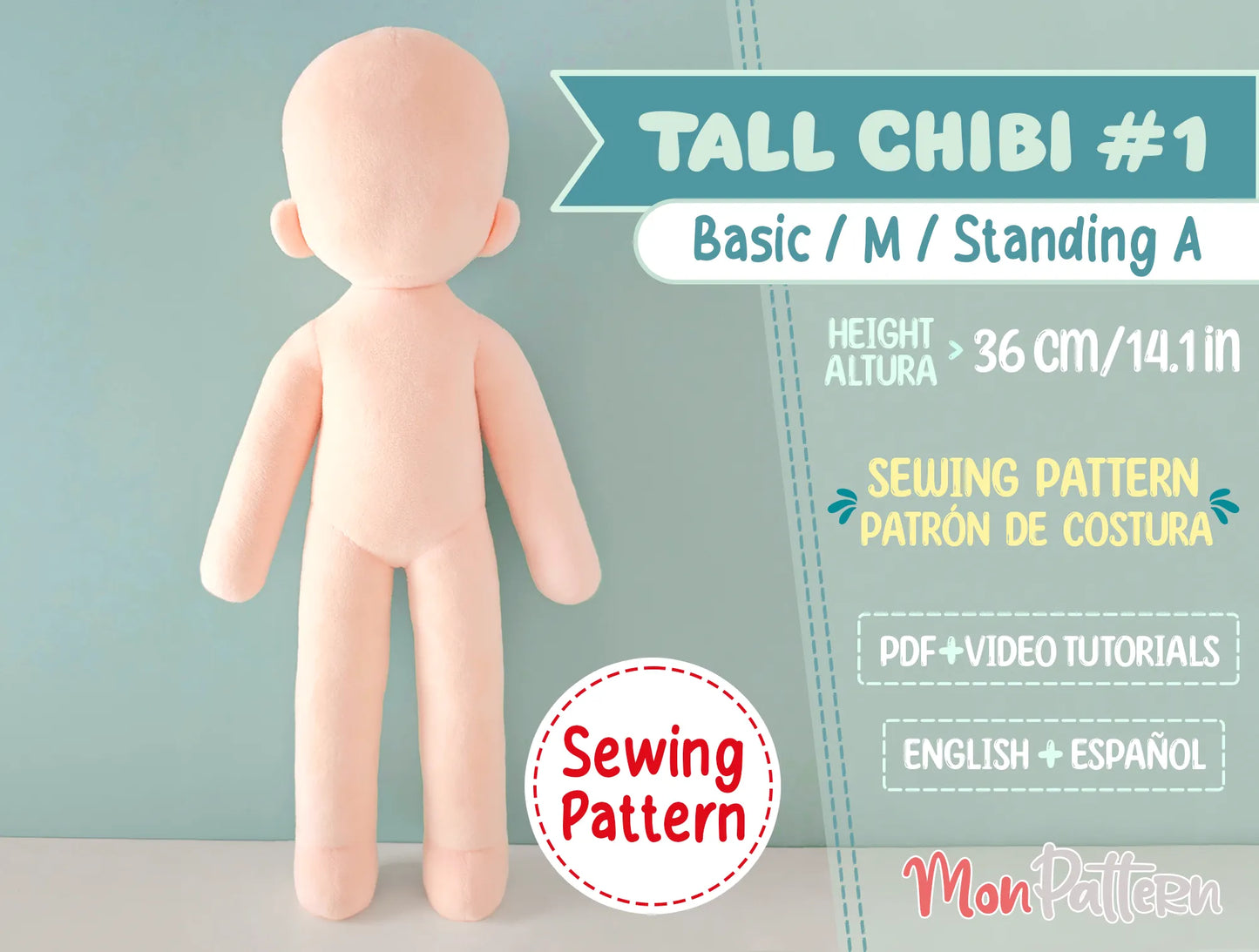 anime-style humanoid chibi plush with 4-head proportion sewing template. ideal for ocs, anime, k-pop, and video game characters.