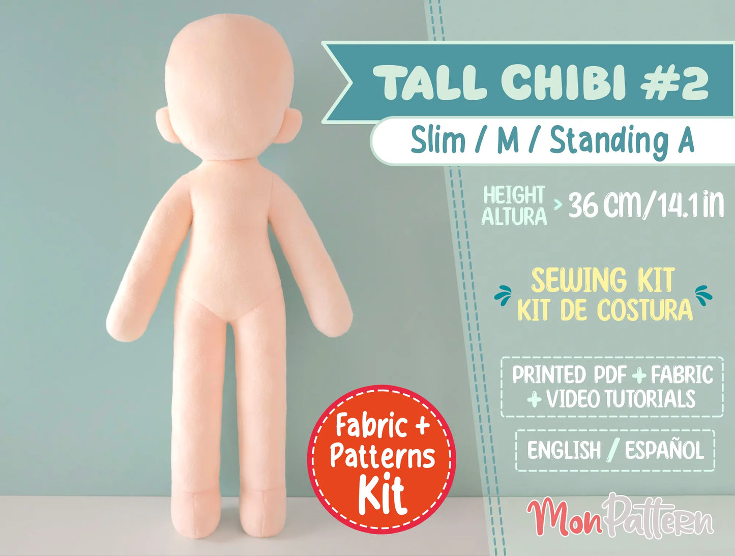 tall chibi #2 sewing kit with soft minky fabric, 4-heads tall slim body for female or slender characters, printed tutorial included, diy humanoid plush pattern 36 cm (14.1 in), perfect for anime-style chibi dolls, ocs and vtuber plushies.