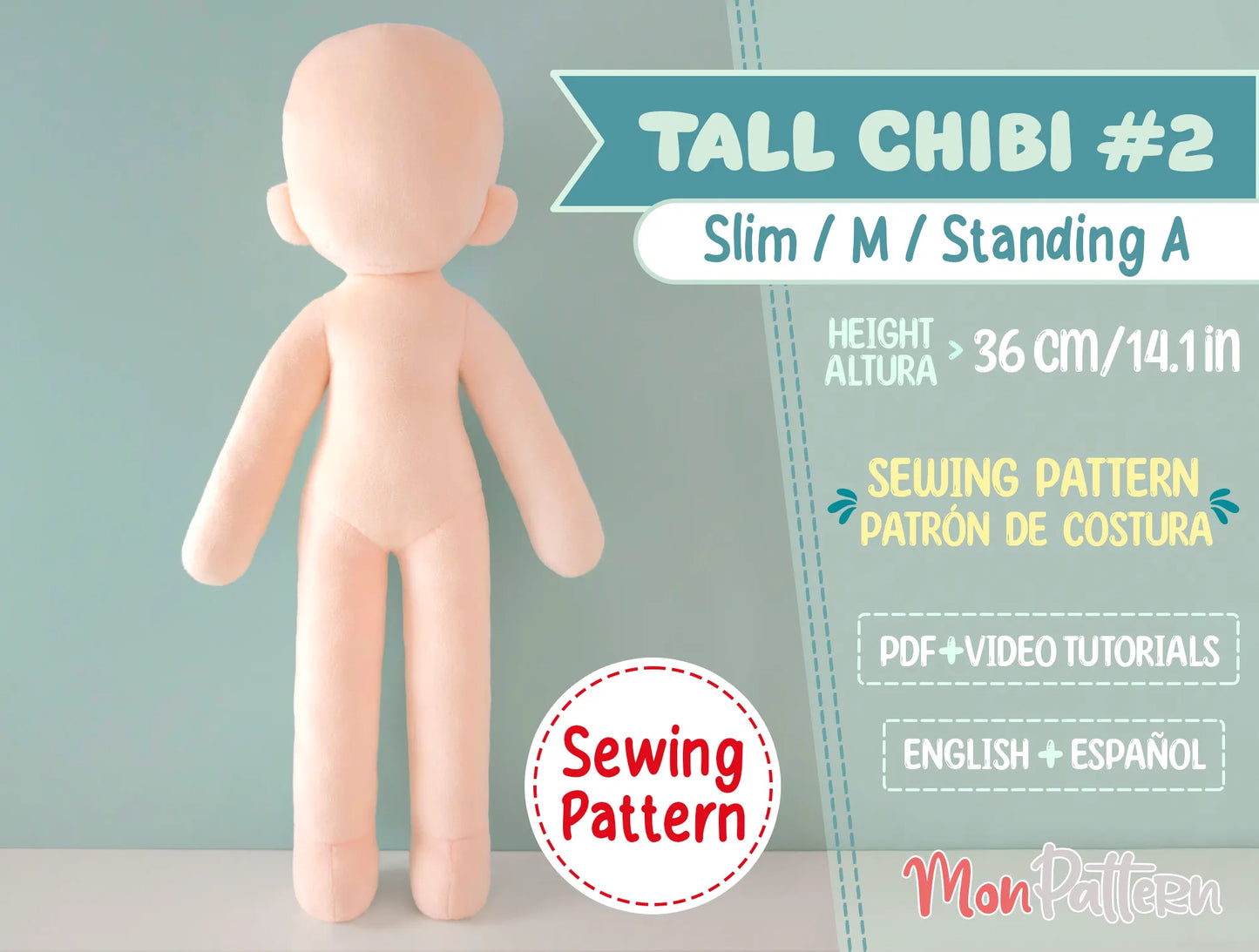 chibi humanoid plush sewing pattern with slim waist, anime-style feminine characters – 36cm pattern