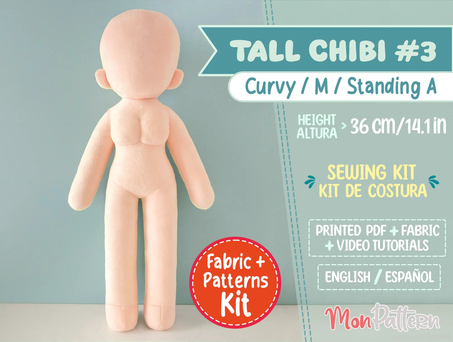 tall chibi #3 sewing kit with soft minky fabric, slim curvy body with chest, waist, and hips for feminine characters, printed tutorial included, diy humanoid plush pattern 36 cm (14.1 in), perfect for anime-style chibi dolls, ocs and vtuber plushies.