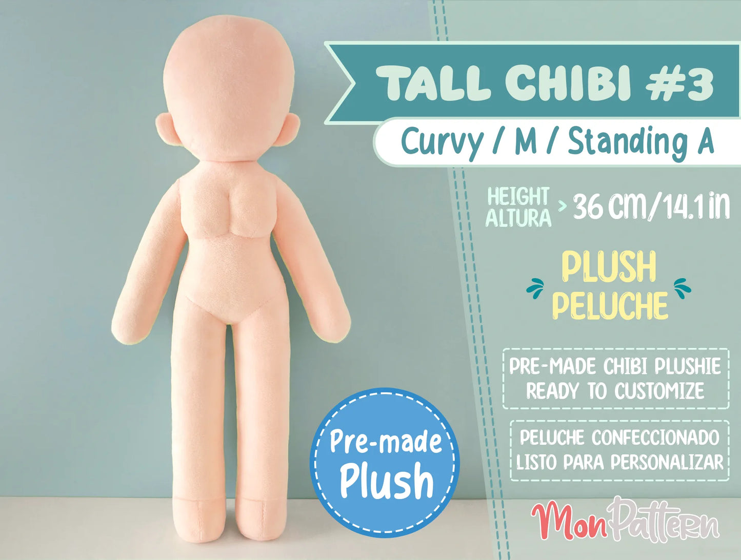 large chibi plush with chest, humanoid figure, perfect for anime-style or fantasy characters, peluche chibi con pecho, muñeco para personalizar y mostrar